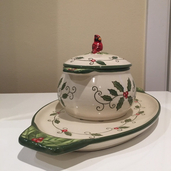 Temp-tations by Tara Cardinal Holly Sandwich Plate Platter & Soup Bowl Dip Set - Picture 1 of 4